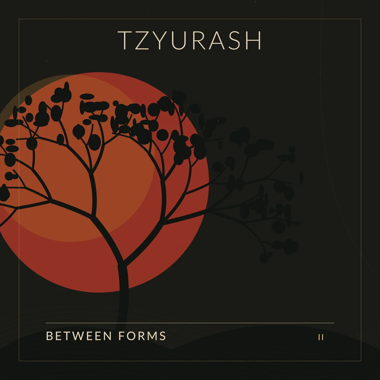 Abstract cover study: silhouetted tree over a rust-colored celestial disc